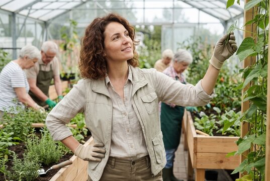 Woman checking plants, enjoying gardening indoors with senior volunteers