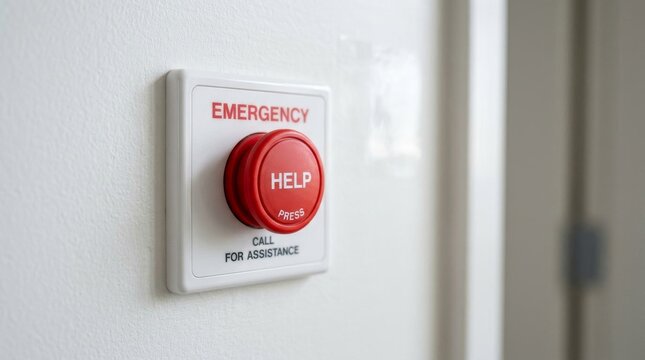 Red Emergency Help Button Mounted on a White Wall.