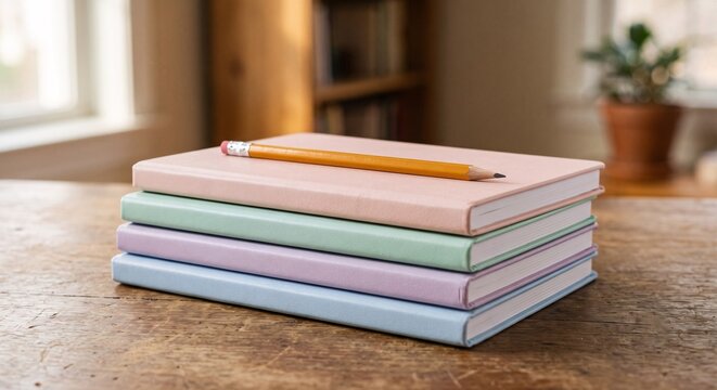 A stack of four colorful pastel notebooks with a yellow graphite pencil resting on top on a rustic wooden desk in a quiet home office