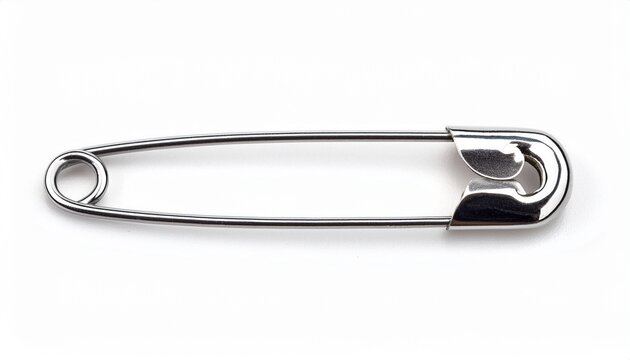 single metallic safety pin isolated on white background