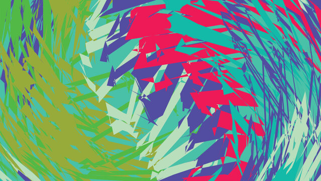 Abstract geometric background featuring sharp angular shards and colorful triangular shapes arranged in dynamic spiraling pattern for visual design.
