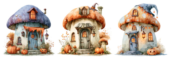 Obraz premium Whimsical mushroom houses featuring vibrant autumn and halloween decorations. Including pumpkins. Jack o' lanterns. And witch hats