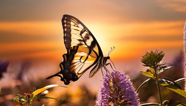 tiger swallowtail butterfly on butterfly bush spikes with golden sky background