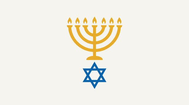 Golden menorah with a blue Star of David on a plain white background