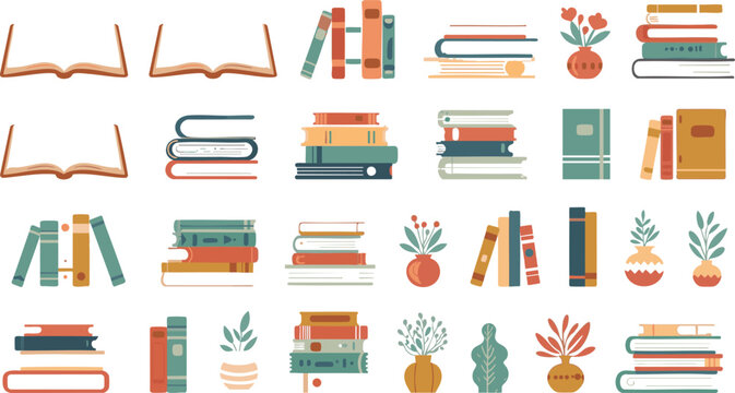 Books, cute open school textbook. Flat colorful notebook stack, pile 2d set. Cartoon bookstore and library, literature and dictionary, education and reading concept. Paper book vector isolated set 