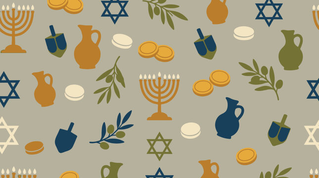 Seamless Hanukkah pattern featuring menorahs dreidels and gold coins