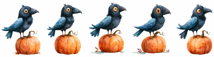 Obraz premium Cute cartoon ravens standing on bright orange pumpkins, celebrating the autumn season and halloween holiday, creating a whimsical watercolor illustration for fall festivities