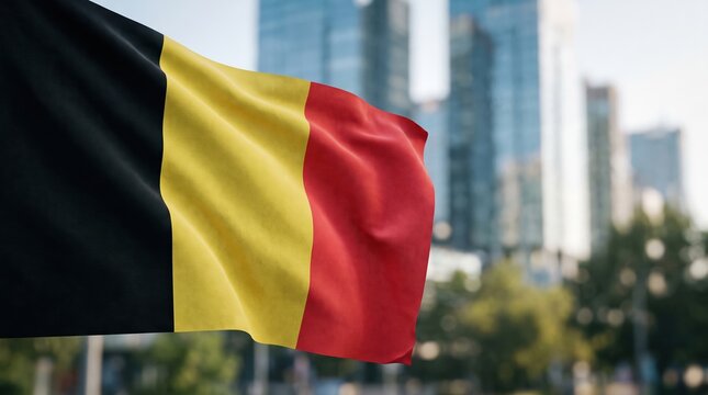 Belgian flag waves gently in urban breeze. Sunlight highlights fabric's texture and soft folds. Buildings blur softly behind the flagpole's stance. City atmosphere suggests civic pride or daily life