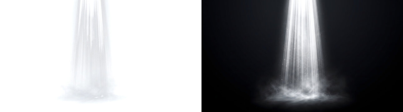 White heavenly light beam with glowing mist isolated PNG, Transparent and Black Background Versions