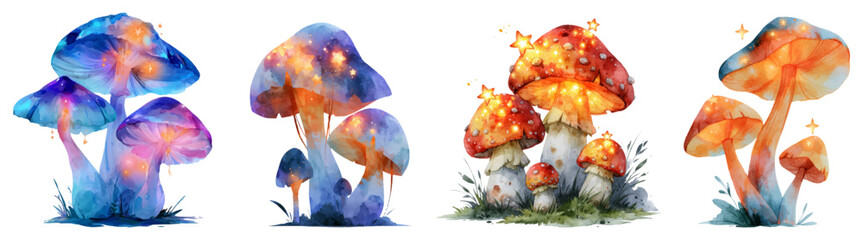 Creative vibrant watercolor fantasy mushrooms with glowing stars, ethereal fungus, drawing magic and mystical elements, colorful fairytale illustration © Narin