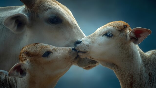 A mother cow gently nuzzles one of her two calves, while the calves affectionately touch noses in a tender moment.