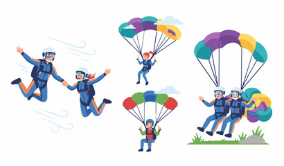 Fototapeta premium Skydiving Couple Characters with Parachute Vector Collection