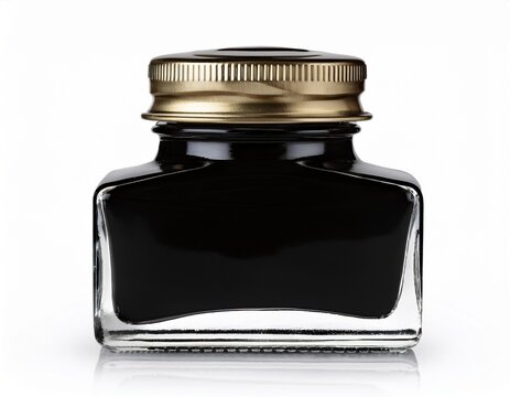 vintage glass inkwell bottle filled with black ink isolated on white background