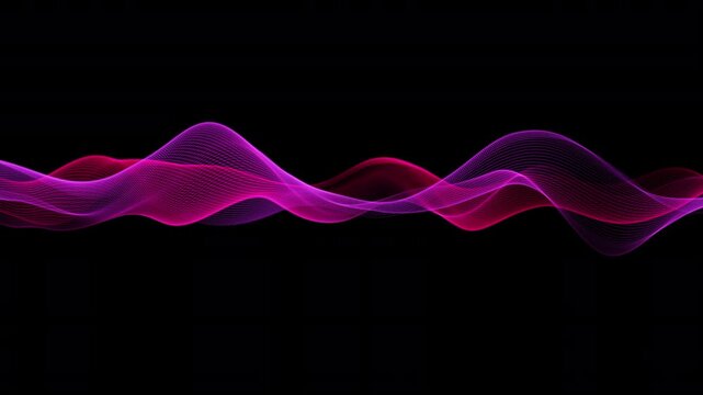 Abstract pink and purple neon waveform animation on a black background with smooth flowing light waves. Ideal for music visualizers, motion graphics, audio effects, technology themes, and digital medi