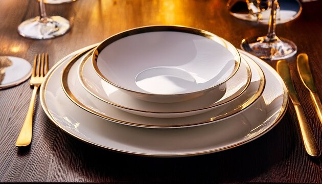 white plates with gold edges in restaurant