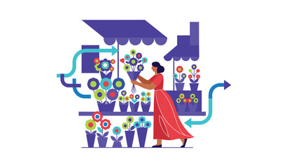 Fototapeta premium A woman shopping for colorful flowers at an outdoor market stall displays a bouquet while browsing diverse plants in purple containers.