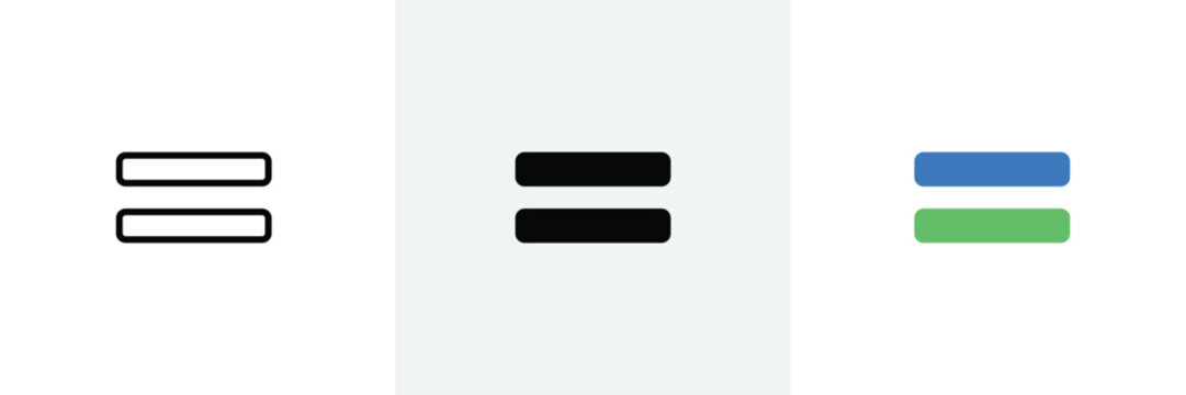Set of three equal sign icons in line art solid black and flat color styles.