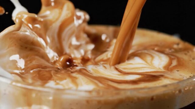 Coffee milk splash beverage cream liquid pour swirl foam brown glossy macro drink mixture pouring in glass with creamy wave droplets on dark background closeup scene