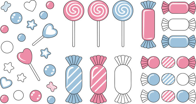 Collection of colorful candy and lollipop icons featuring wrapped sweets, heart shapes, stars, and round candies isolated on white background vector illustration