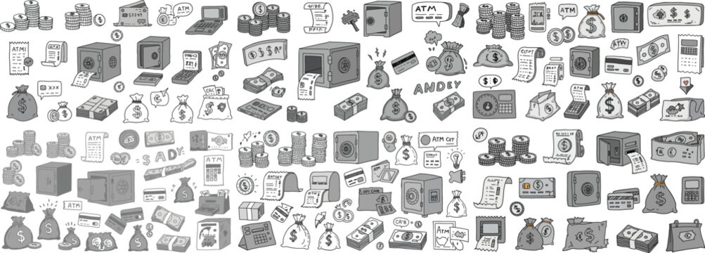 A diverse collection of household and office items illustrated in a minimalist style