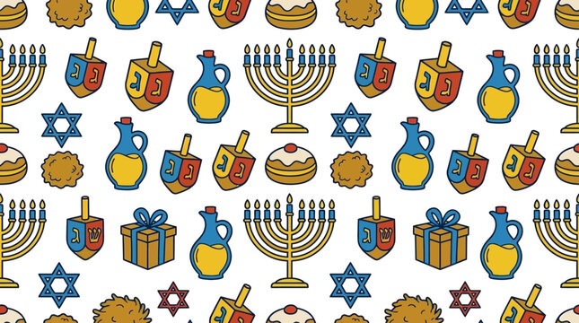 Hanukkah celebration symbols including menorah dreidels and gelt