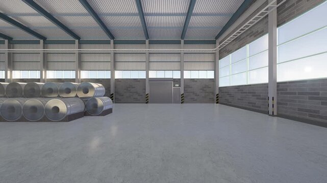 3D warehouse interior with slow cinematic pan dolly. Organized steel coils stored beside spacious polished concrete floor and large factory windows. Logistics center, raw material inventory.