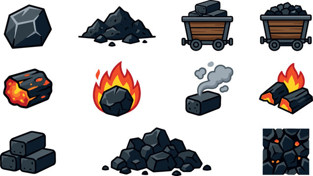 Coal mining industry and charcoal vector set featuring black coal piles mine carts burning briquettes glowing embers and smoke isolated on white background