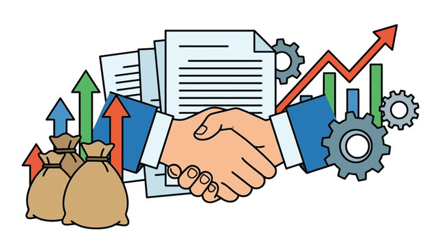 Business partnership agreement signing with financial growth symbols and charts