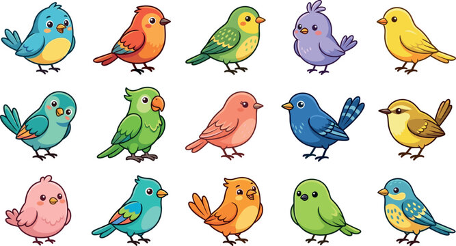 Cute Cartoon Bird Vector Character Set Featuring Colorful Little Flying Animals and Sweet Garden Sparrows Parrots for Kids Illustration and Creative Sticker Designs