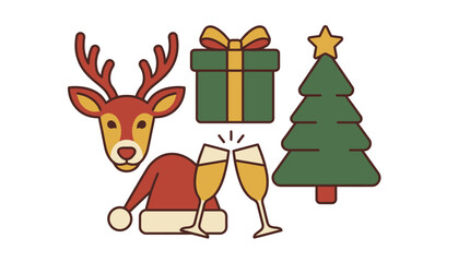 Fototapeta premium Festive reindeer head beside a gift box, Christmas tree and clinking champagne glasses