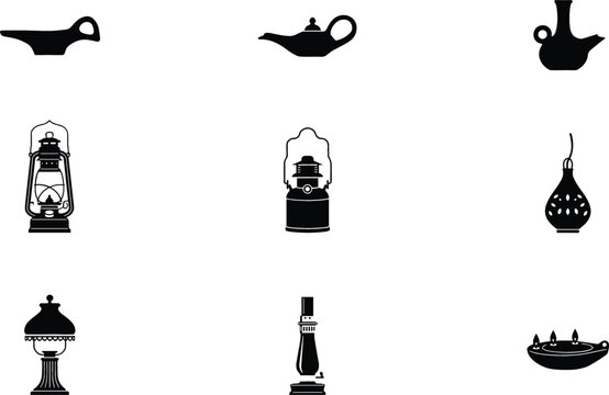 Vintage Antique Lamp and Lantern Silhouette Icon Set Featuring Aladdin Magic Lamp Kerosene Lantern Oil Lamps and Table Lamp Elements for Historical Designs