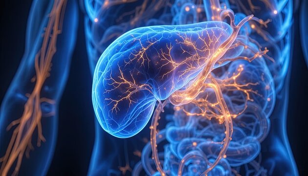 Human bodys internal organ with glowing circulatory and nervous systems.