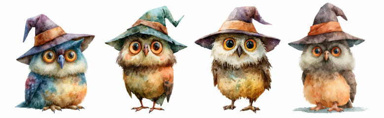 Cute watercolor owls wearing witch hats, celebrating halloween, depicting whimsical magic and enchantment, for spooky season celebrations and festive autumn themes © Narin