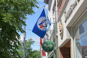 Obraz premium wall-mounted beer sign and Toronto Blue Jays flag outside Ladybug Tavern, 890 College St