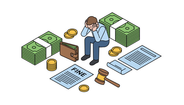Stressed man sitting sadly in front of a legal fine document surrounded by stacks of money and a judge gavel.