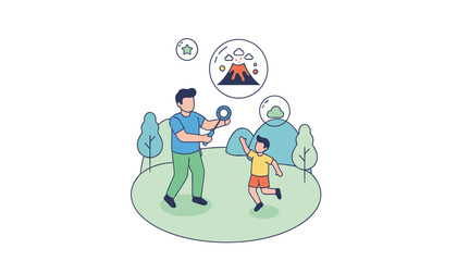 Fototapeta premium Father and son blowing soap bubbles in a park with imaginary drawings of a volcano, star, and cloud inside them.