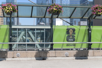 Obraz premium host city banner for FIFA World Cup soccer tournament in Toronto displayed on the Rod Robbie Bridge foot of John St and the Rogers Centre