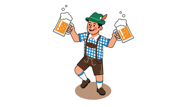 Happy Bavarian man wearing traditional lederhosen cheerfully holds up two large foaming mugs of German beer at Oktoberfest.