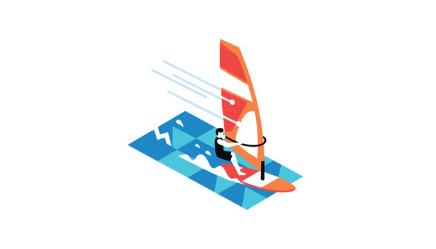 Dynamic windsurfer gliding on blue ocean waves with a bright orange sail captured in a beautiful vector illustration.
