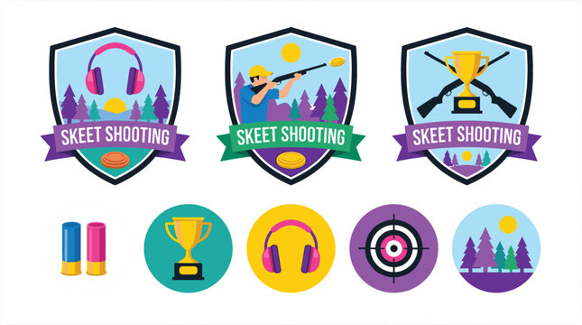 Skeet Shooting Sport Club Emblem Vector Badge Set with Clay Target Shotgun Trophy Ear Protection and Bullseye Icons for Clay Pigeon Tournament Designs