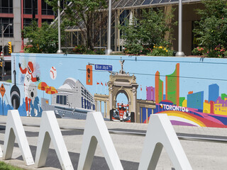 Obraz premium Toronto attractions and landmarks mural by @NiaDesigns.Art, the professional name of Nia Borissova located adjacent to the promenade/ramp to Rod Robbie Bridge