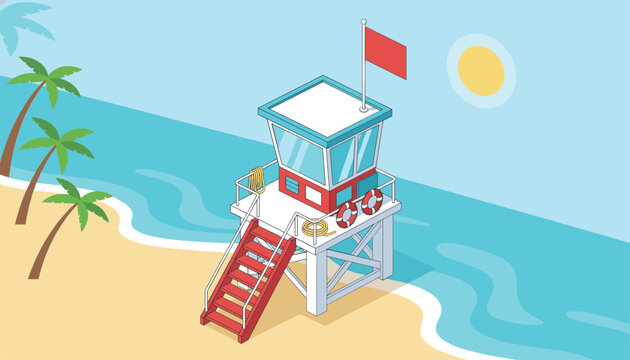 Lifeguard tower with red danger warning flag on beautiful sandy beach next to blue sea with tropical palm trees.