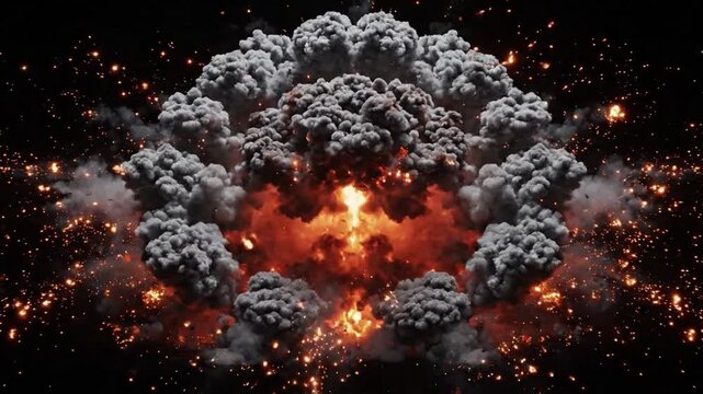 Explosion fire smoke spark cloud flame blast dark dramatic destruction scene gray plume orange glow debris heat fireball detonation night black abstract danger energy impact motion burst dangerous