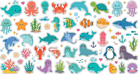 Cute sea animals sticker collection with funny cartoon ocean creatures coral reef seaweed and nautical elements vector illustration isolated on white © Harlin_