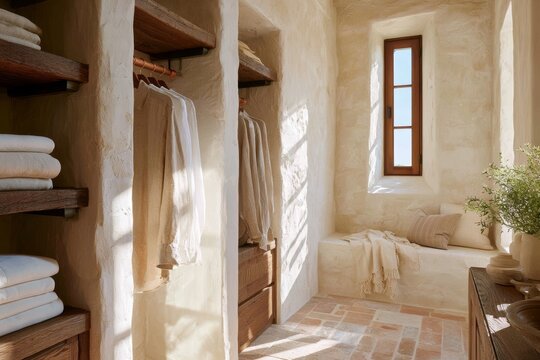 Walk-in wardrobe featuring rough lime-washed cream walls, wooden shelves with folded linens, and a cozy seating area illuminated by natural light from a window