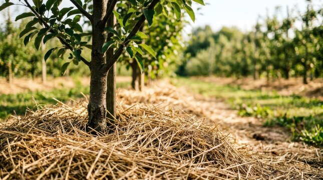 Close up of a young apple tree trunk mulched with straw in an orchard during a sunny day