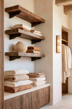 Tuscan walk-in wardrobe featuring dark oak shelves with neatly folded linens and decorative pottery, illuminated by soft golden hour light in a serene interior setting