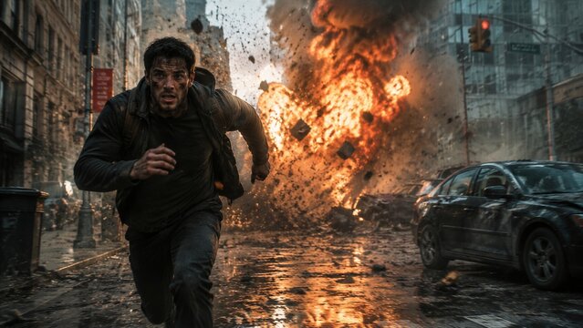 A man is running down a city street as an explosion occurs nearby. Smoke and debris fill the air while buildings stand damaged around him. This scene takes place in an urban area.