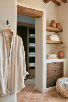 Softly blurred hanging linen shirt in a cozy bathroom setting with wooden shelves, neatly folded towels, and decorative pottery on display