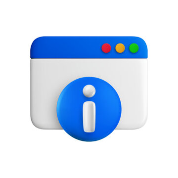 Vector cartoon minimal 3d browser info illustration. Realistic render of website page with blue information icon isolated on white background for web, app, infographic.